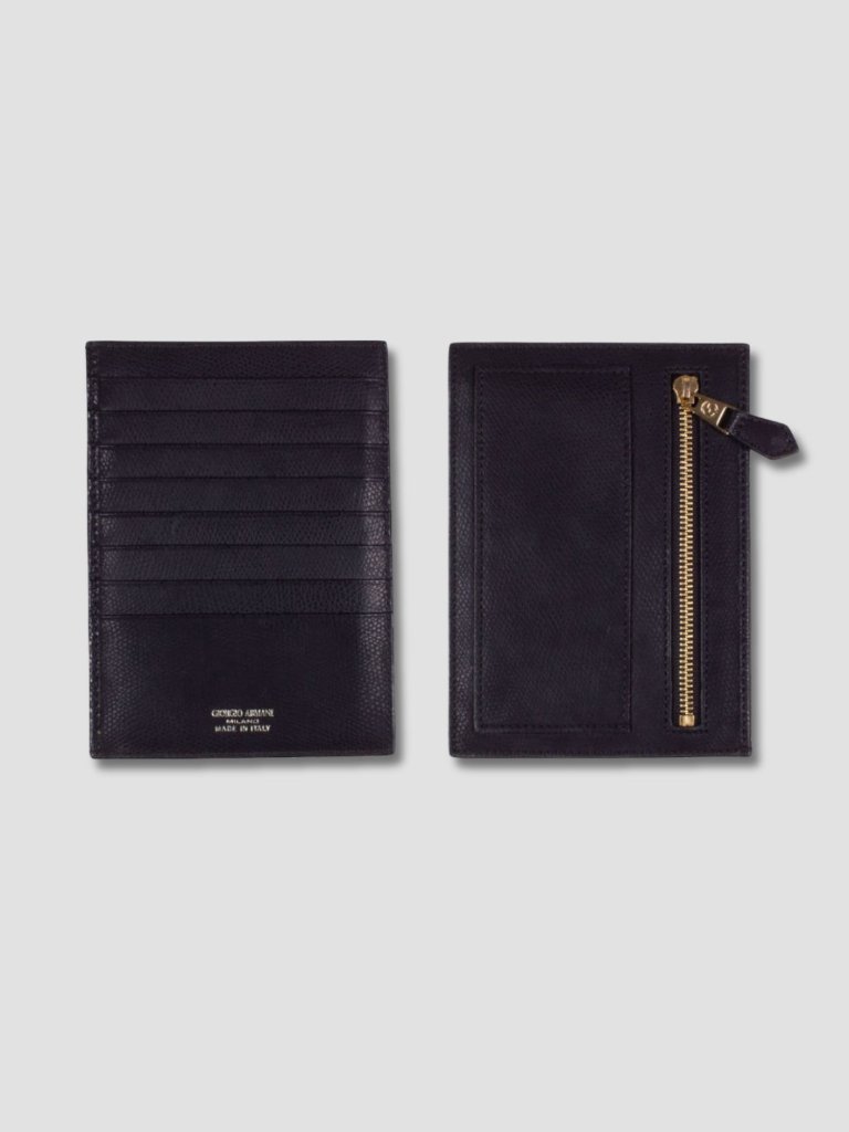 Giorgio Armani Black Grained Leather Card Holder Zipper Coin Pocket Wallet